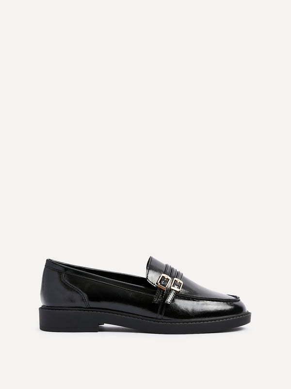 Linzi Black Faux Leather Loafer With Double Buckle Detail