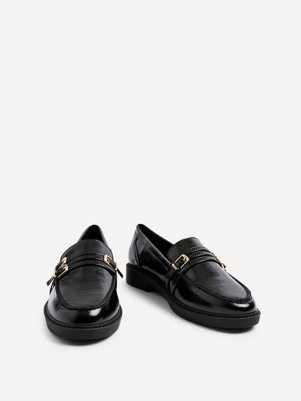 Linzi Black Faux Leather Loafer With Double Buckle Detail