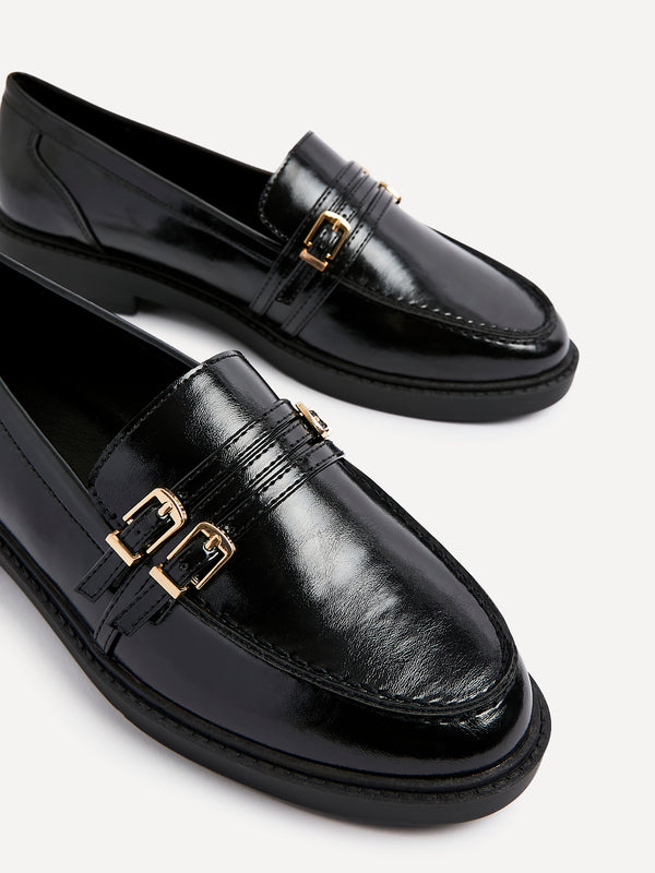 Linzi Black Faux Leather Loafer With Double Buckle Detail