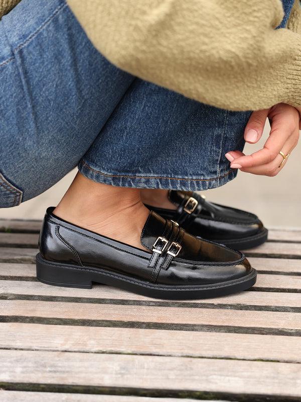 linzi Black Faux Leather Loafer With Double Buckle Detail