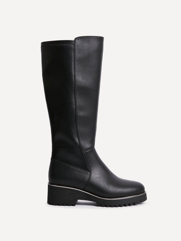 Linzi Black Faux Leather Long Boot With Metallic Rand