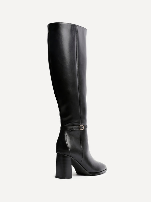 Linzi Black Faux Leather Long Heeled Boot With Buckle Detail