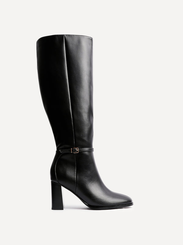 Linzi Black Faux Leather Long Heeled Boot With Buckle Detail