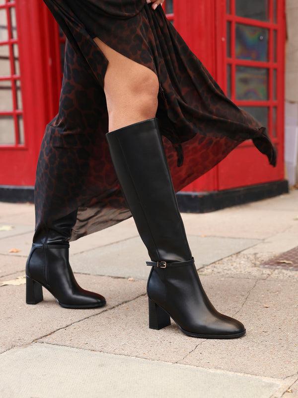 linzi Black Faux Leather Long Heeled Boot With Buckle Detail