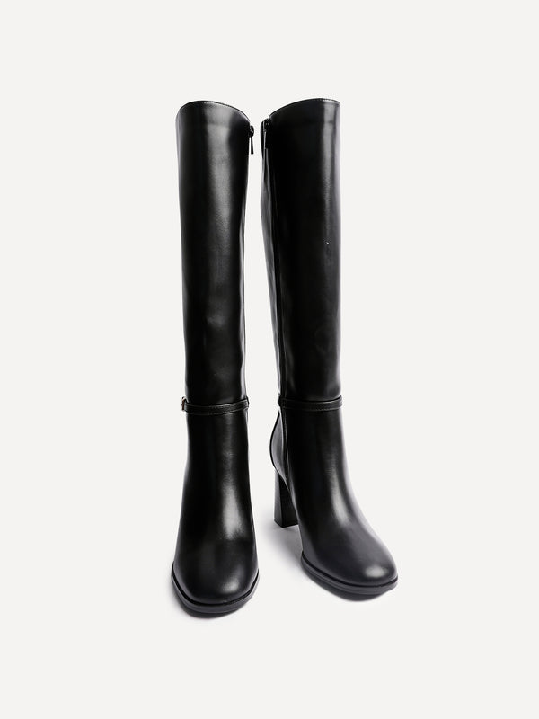 Linzi Black Faux Leather Long Heeled Boot With Buckle Detail