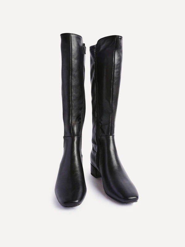 Linzi Black Faux Leather Low Block Heel High Leg Boot