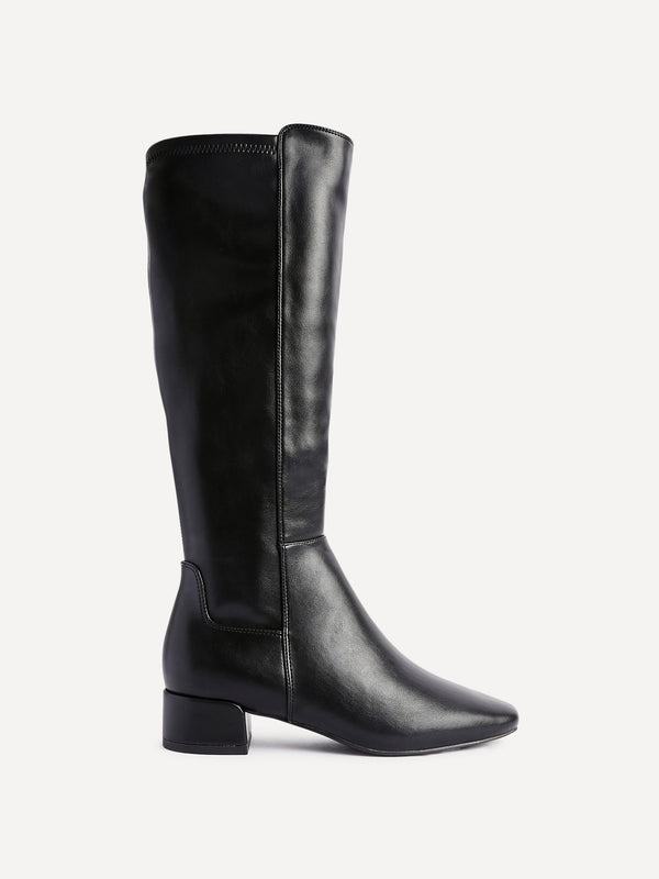 Linzi Black Faux Leather Low Block Heel High Leg Boot