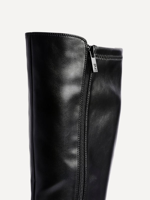 Linzi Black Faux Leather Low Block Heel High Leg Boot