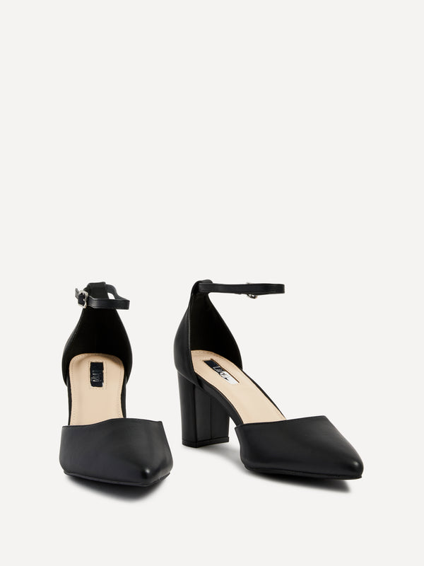 Linzi Black Faux Leather Mid Height Court Shoe With Ankle Strap & Block Heel