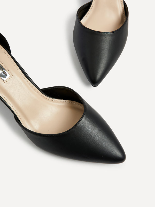 Linzi Black Faux Leather Mid Height Court Shoe With Ankle Strap & Block Heel
