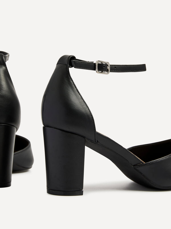 Linzi Black Faux Leather Mid Height Court Shoe With Ankle Strap & Block Heel