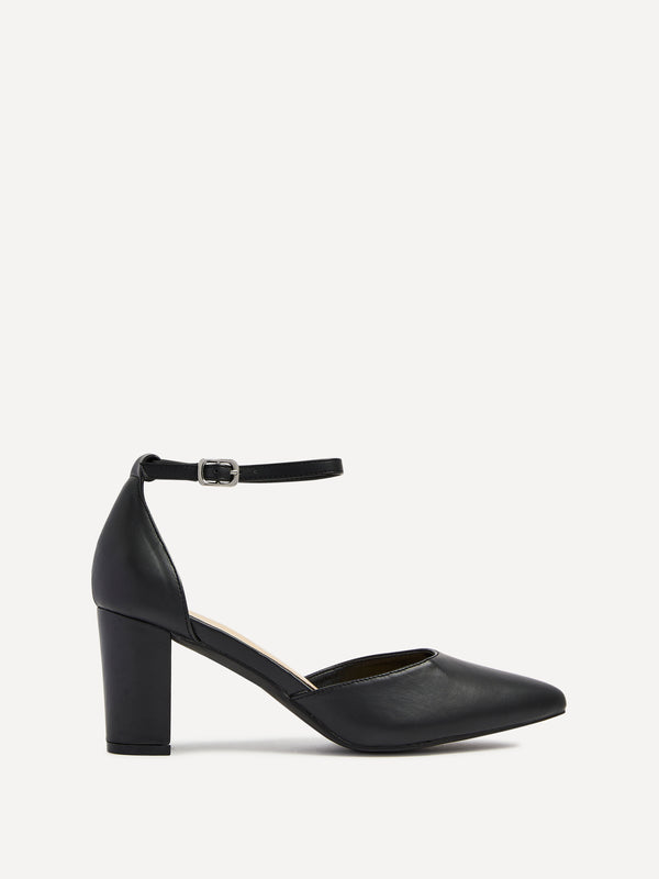linzi Black Faux Leather Mid Height Court Shoe With Ankle Strap & Block Heel