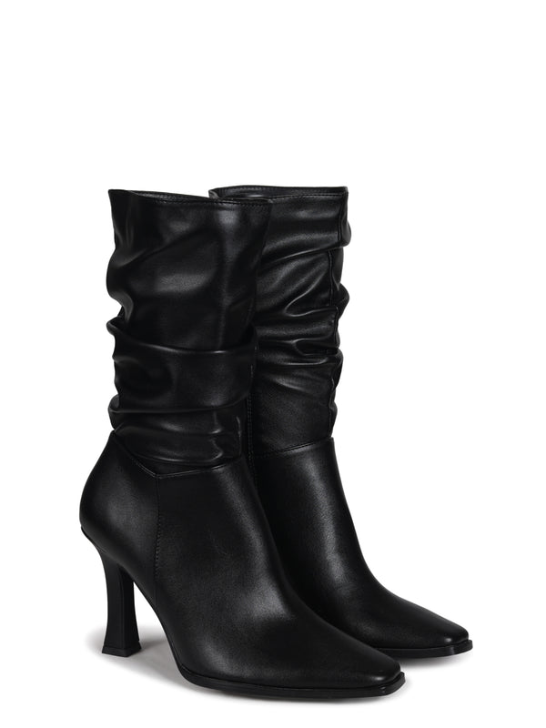 Linzi Black Faux Leather Mid Length Ruched Heeled Boot With Square Toe