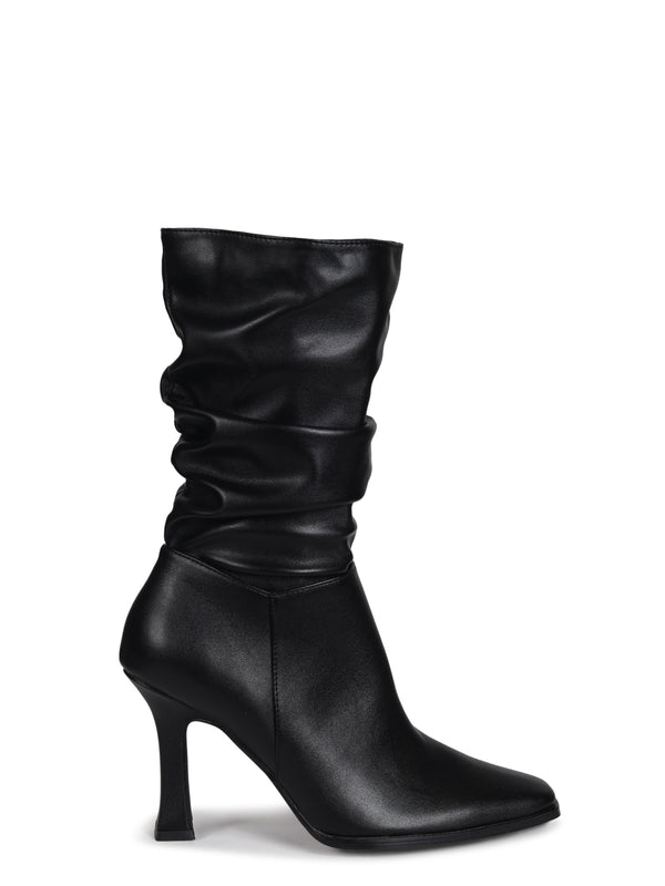 Linzi Black Faux Leather Mid Length Ruched Heeled Boot With Square Toe
