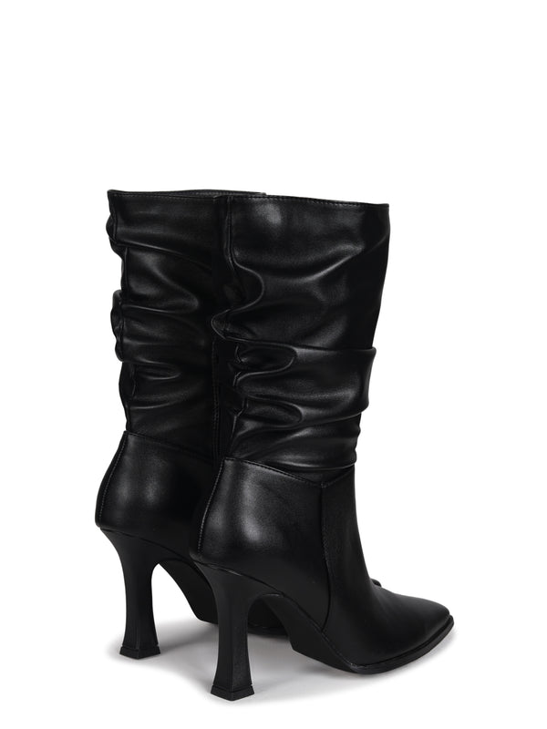 Linzi Black Faux Leather Mid Length Ruched Heeled Boot With Square Toe