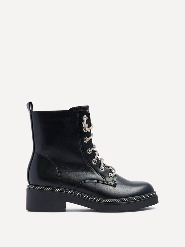 Linzi Black Faux Leather Military Style Boot With Diamante Laces