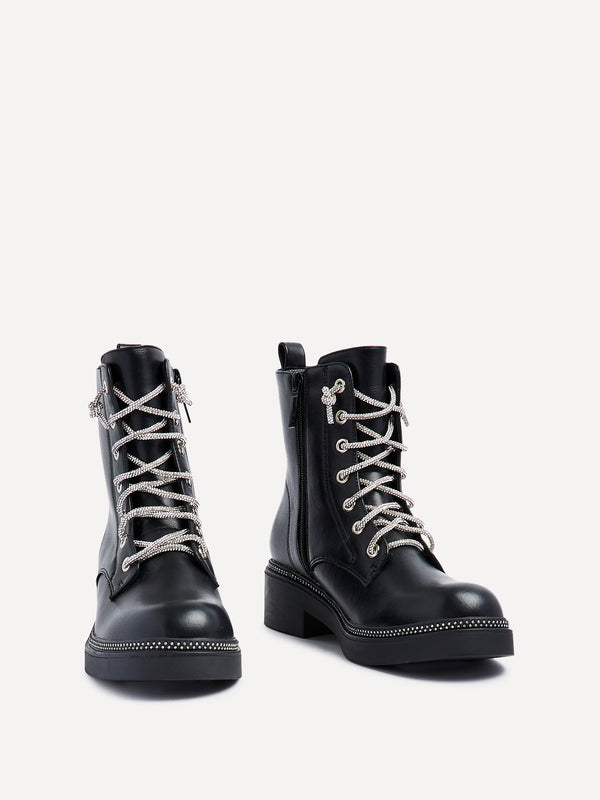 Linzi Black Faux Leather Military Style Boot With Diamante Laces