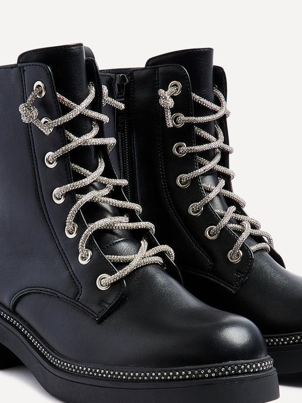 Linzi Black Faux Leather Military Style Boot With Diamante Laces