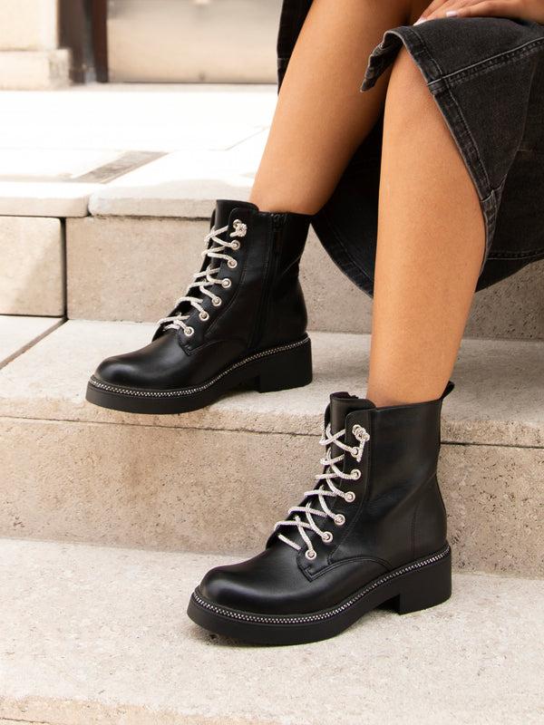 linzi Black Faux Leather Military Style Boot With Diamante Laces