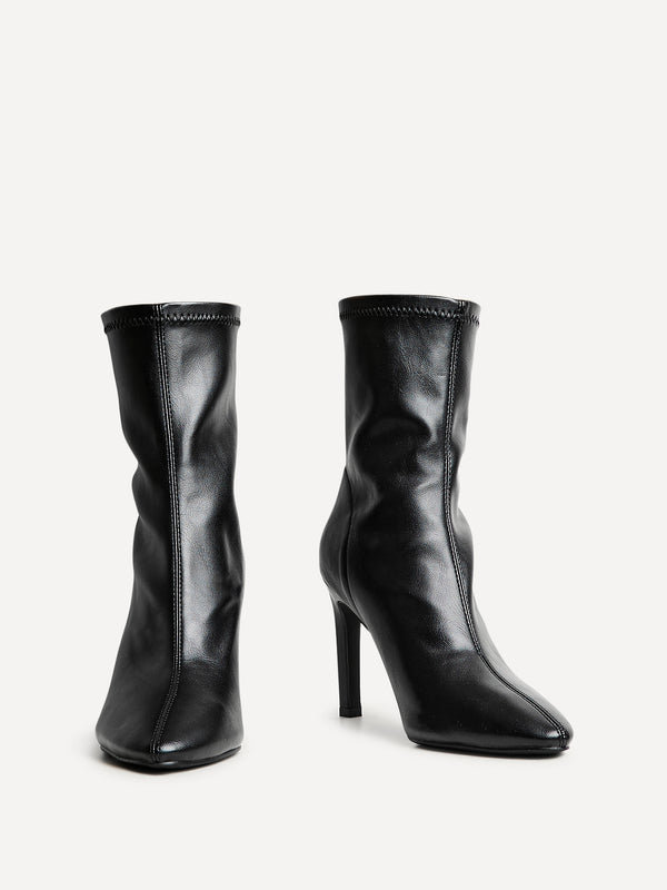 Linzi Black Faux Leather Pointed Stretch Heeled Ankle Boot