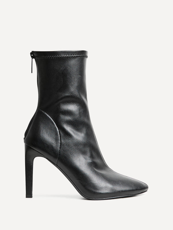 Linzi Black Faux Leather Pointed Stretch Heeled Ankle Boot