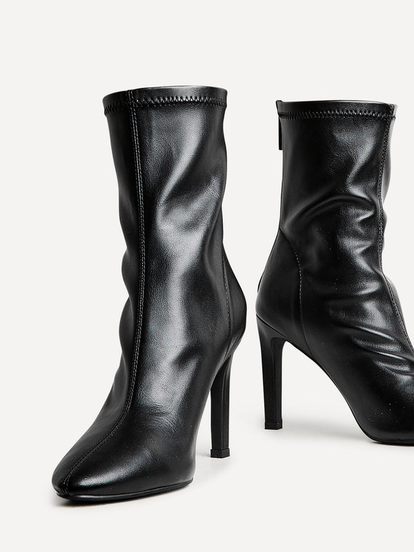 Linzi Black Faux Leather Pointed Stretch Heeled Ankle Boot