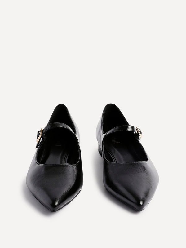 Linzi Black Faux Leather Pointed Toe Mary Jane Style Pumps