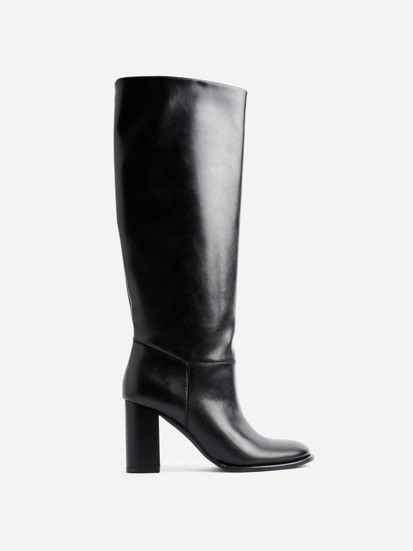 Linzi Black Faux Leather Pull-On High Leg Block Heeled Boots