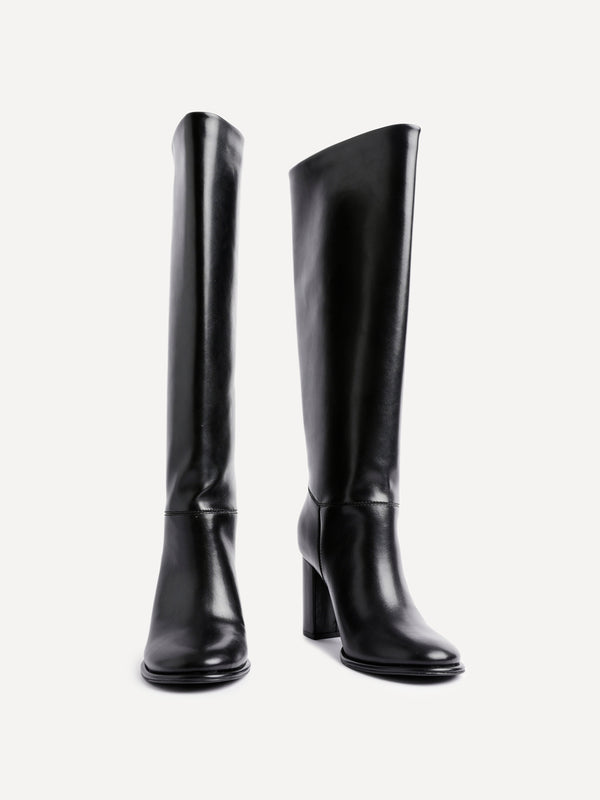 Linzi Black Faux Leather Pull-On High Leg Block Heeled Boots