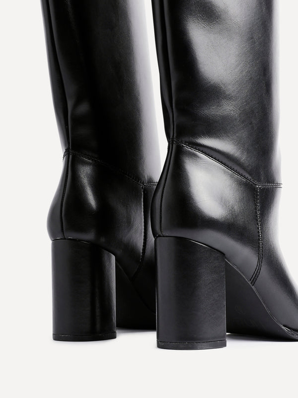 Linzi Black Faux Leather Pull-On High Leg Block Heeled Boots