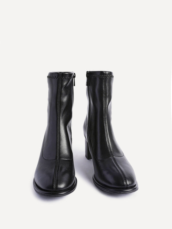 Linzi Black Faux Leather Round Toe Block Heel Sock Boot