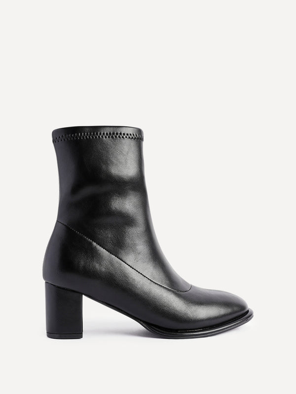 Linzi Black Faux Leather Round Toe Block Heel Sock Boot