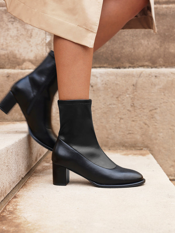 linzi Black Faux Leather Round Toe Block Heel Sock Boot