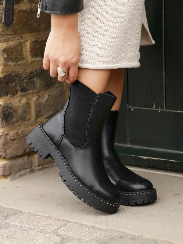 linzi Black Faux Leather Silver Stud Detail Sole Chelsea Boot
