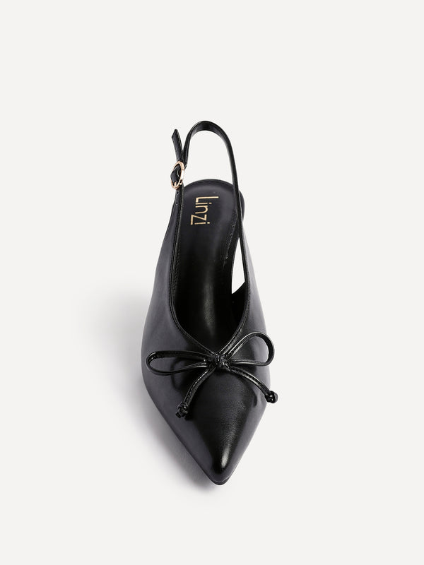 Linzi Black Faux Leather Slingback Court Heel With Front Bow Detail