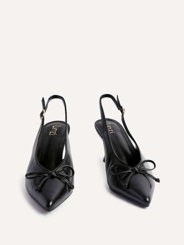 Linzi Black Faux Leather Slingback Court Heel With Front Bow Detail
