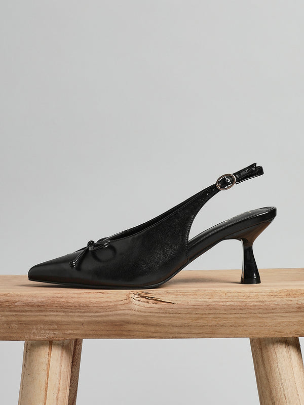 linzi Black Faux Leather Slingback Court Heel With Front Bow Detail