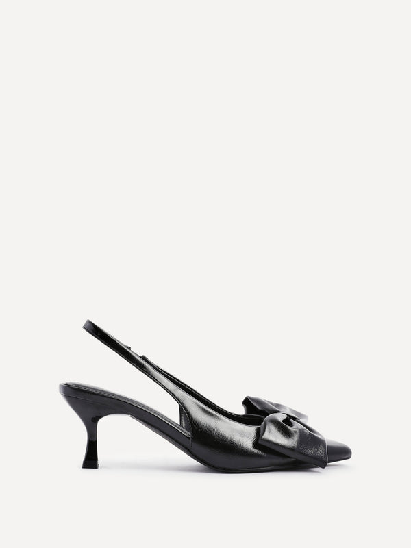 Linzi Black Faux Leather Slingback Court Heels With Bow Detail
