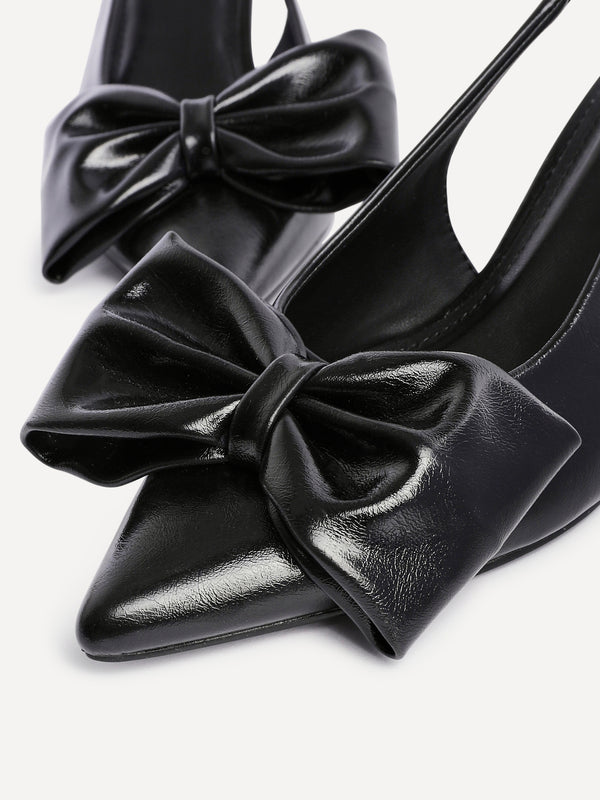 Linzi Black Faux Leather Slingback Court Heels With Bow Detail