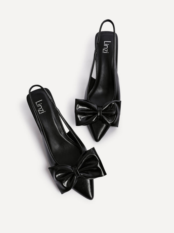 Linzi Black Faux Leather Slingback Court Heels With Bow Detail