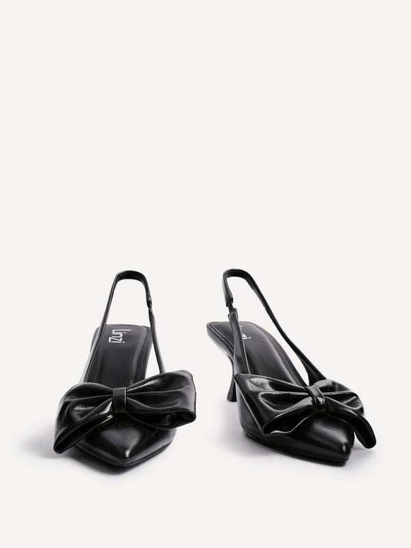 Linzi Black Faux Leather Slingback Court Heels With Bow Detail