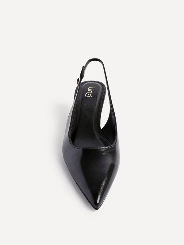 Linzi Black Faux Leather Slingback Kitten Court Heels
