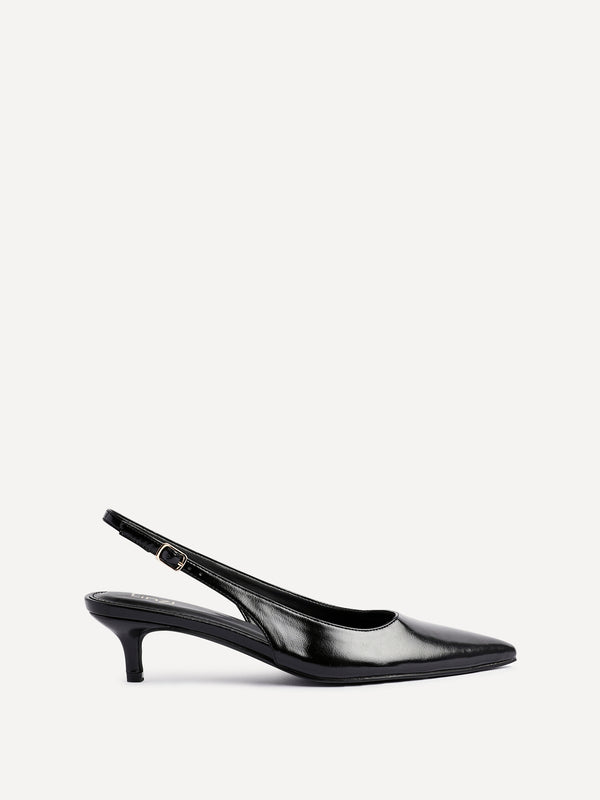 Linzi Black Faux Leather Slingback Kitten Court Heels