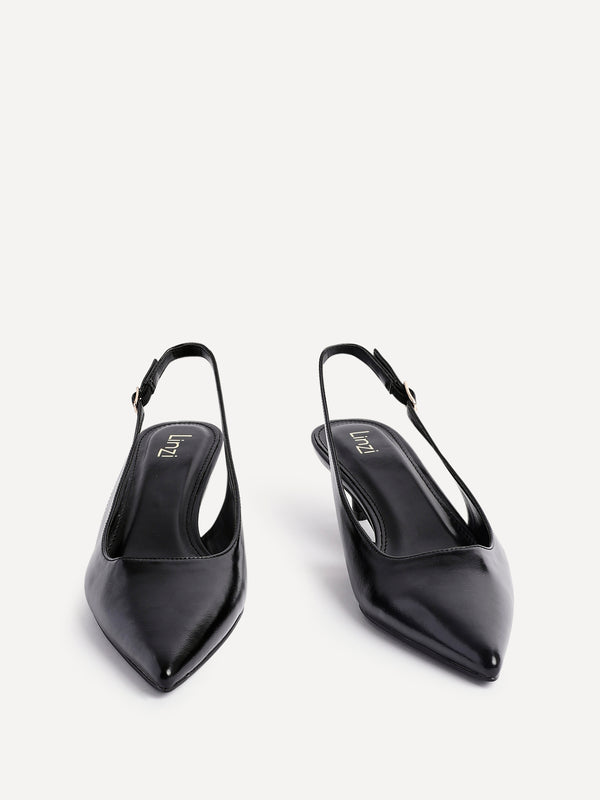 Linzi Black Faux Leather Slingback Kitten Court Heels