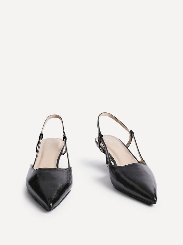 Linzi Black Faux Leather Slingback Kitten Court Heels