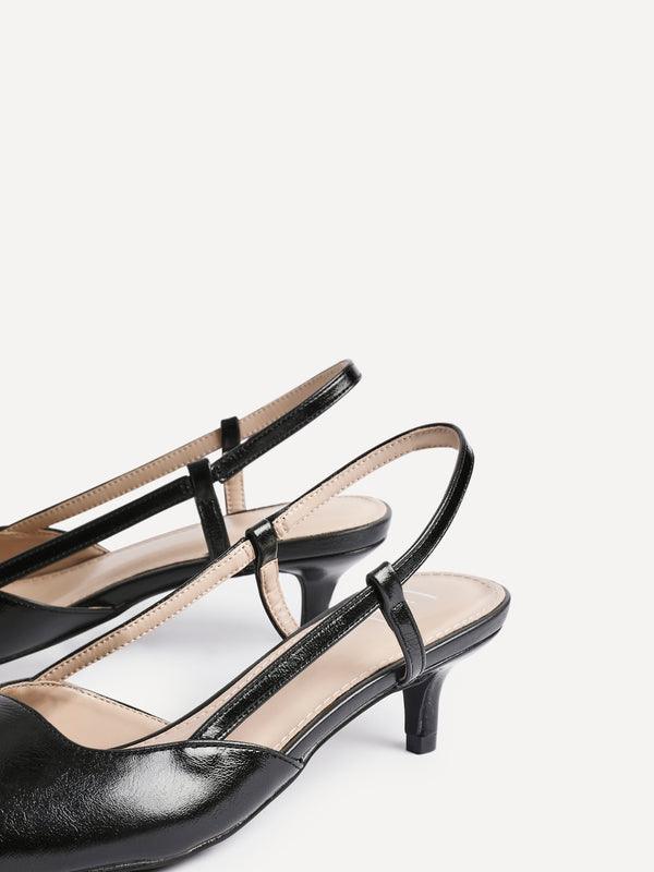 Linzi Black Faux Leather Slingback Kitten Court Heels