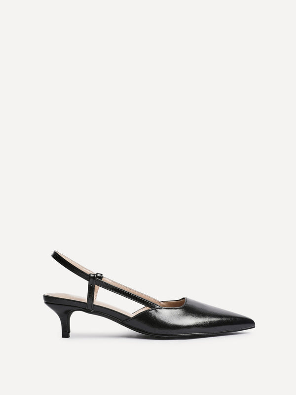 linzi Black Faux Leather Slingback Kitten Court Heels