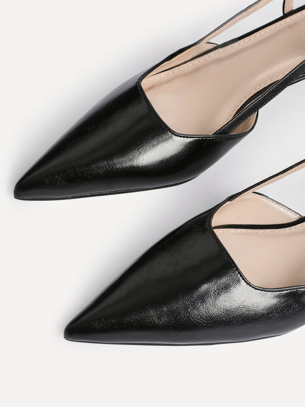 Linzi Black Faux Leather Slingback Kitten Court Heels