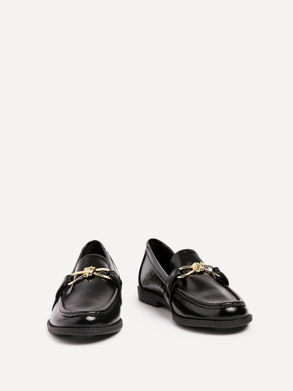 Linzi Black Faux Leather Slip On Loafer With Buckle Detail