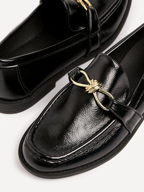 Linzi Black Faux Leather Slip On Loafer With Buckle Detail